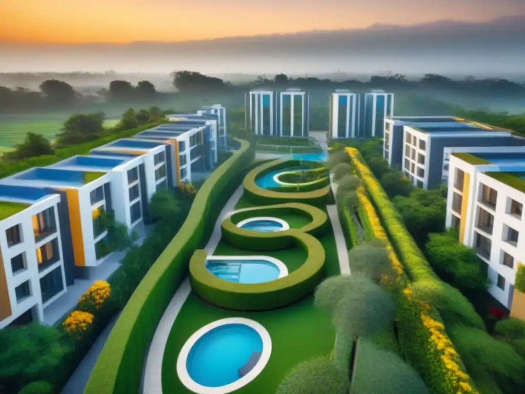 Residencial moderno: lujo y tranquilidad en entorno urbano Un oasis de lujo y modernidad: residencias con espacios abiertos mercado bañadas por la cálida luz del atardecer