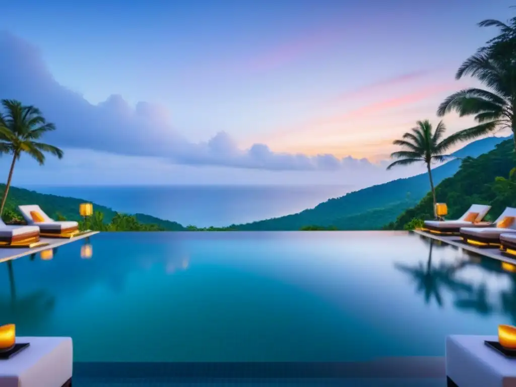Exclusiva infinity pool en Phuket: lujo y naturaleza Un oasis de lujo en Phuket, Tailandia: piscina infinita con vista a la playa y elegantes sunbeds