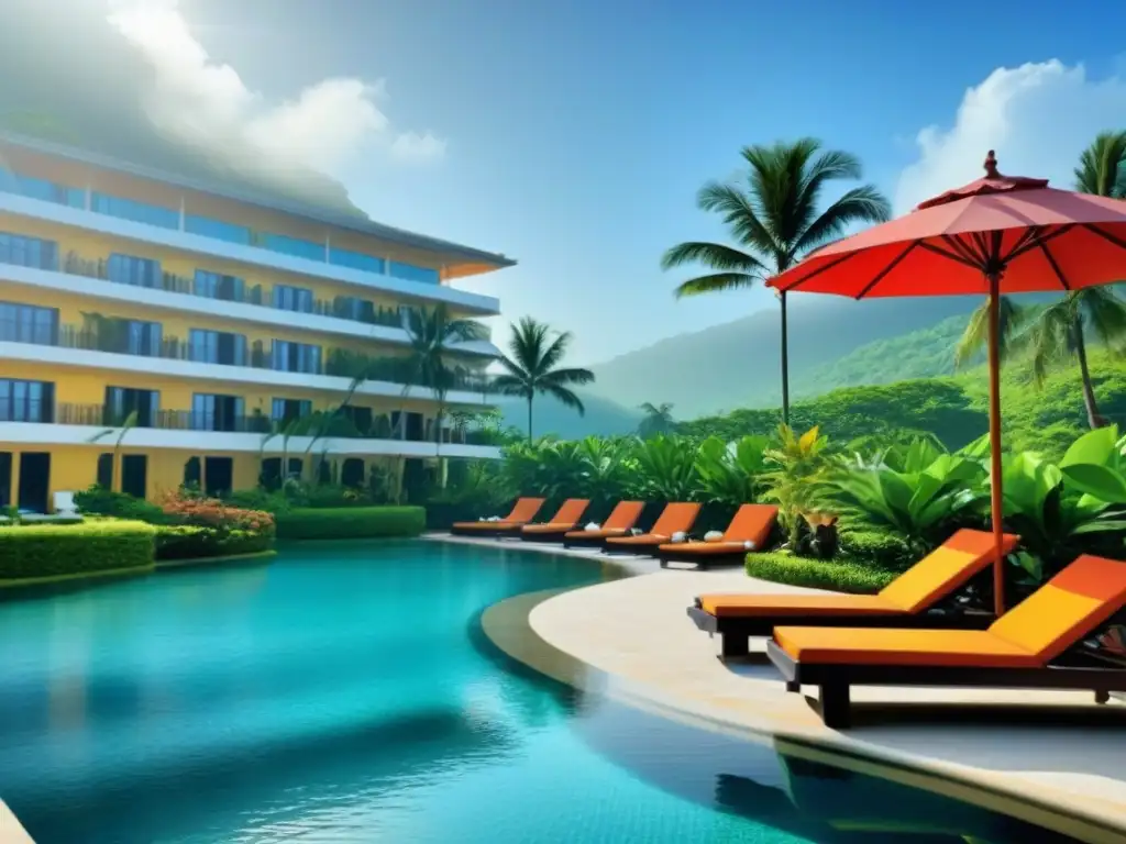 Paraíso tropical: piscina de lujo en resort exclusivo Un oasis de lujo con piscina cristalina, reflejando colores tropicales