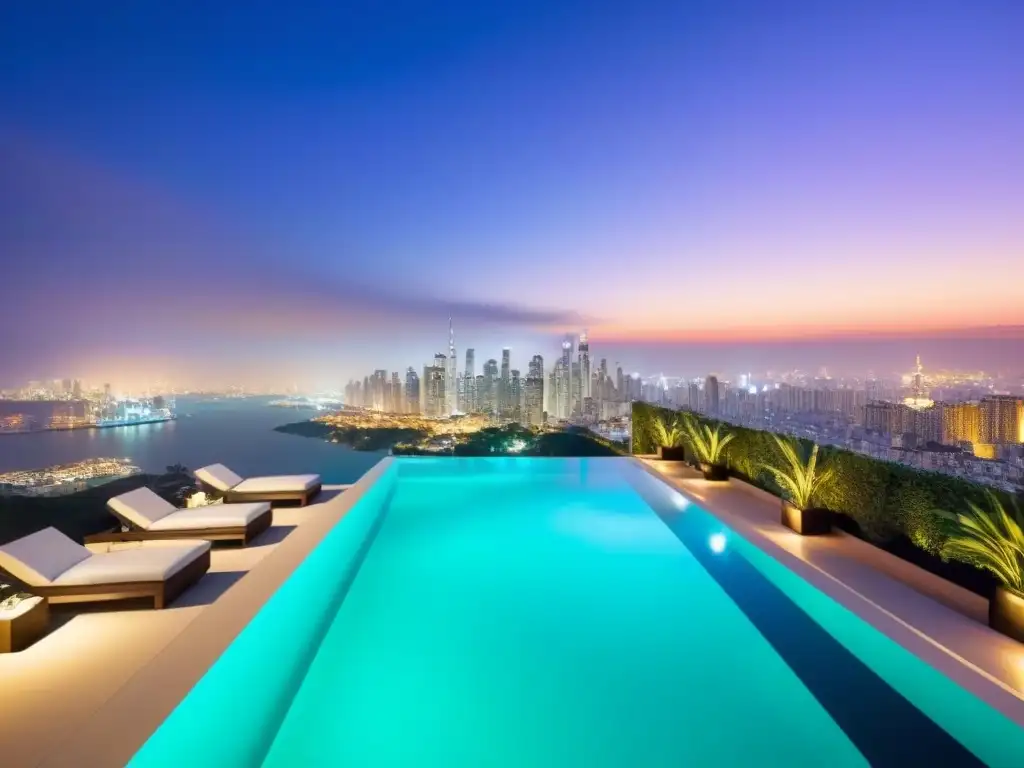 Exclusivo Airbnb con piscina infinita en ciudad vibrante al atardecer Un oasis de lujo con piscina infinita en terraza, diseño moderno y vistas a la ciudad al anochecer