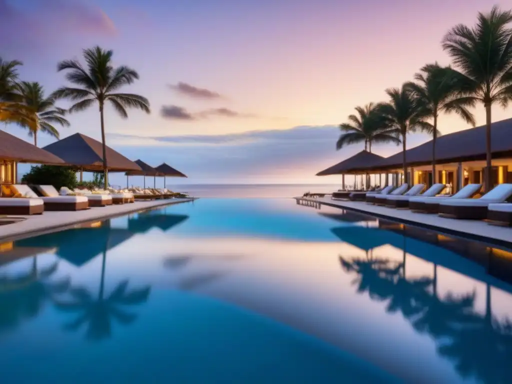 Resort de lujo con piscina infinita en la playa al atardecer Un oasis de lujo con piscina infinita y vistas al mar al atardecer, ideal para relajarse y disfrutar de las ventajas fiscales tiempo compartido