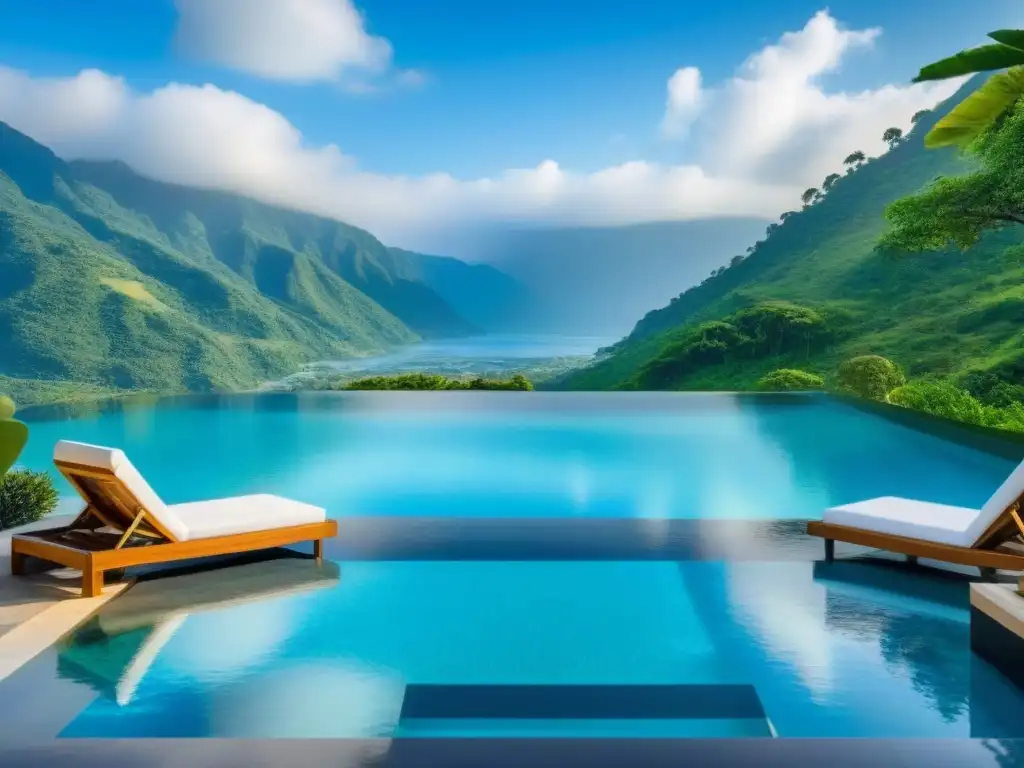 Exclusiva piscina infinita en paraíso montañoso Un oasis de lujo con piscina infinita y spa, rodeado de montañas y exuberante vegetación