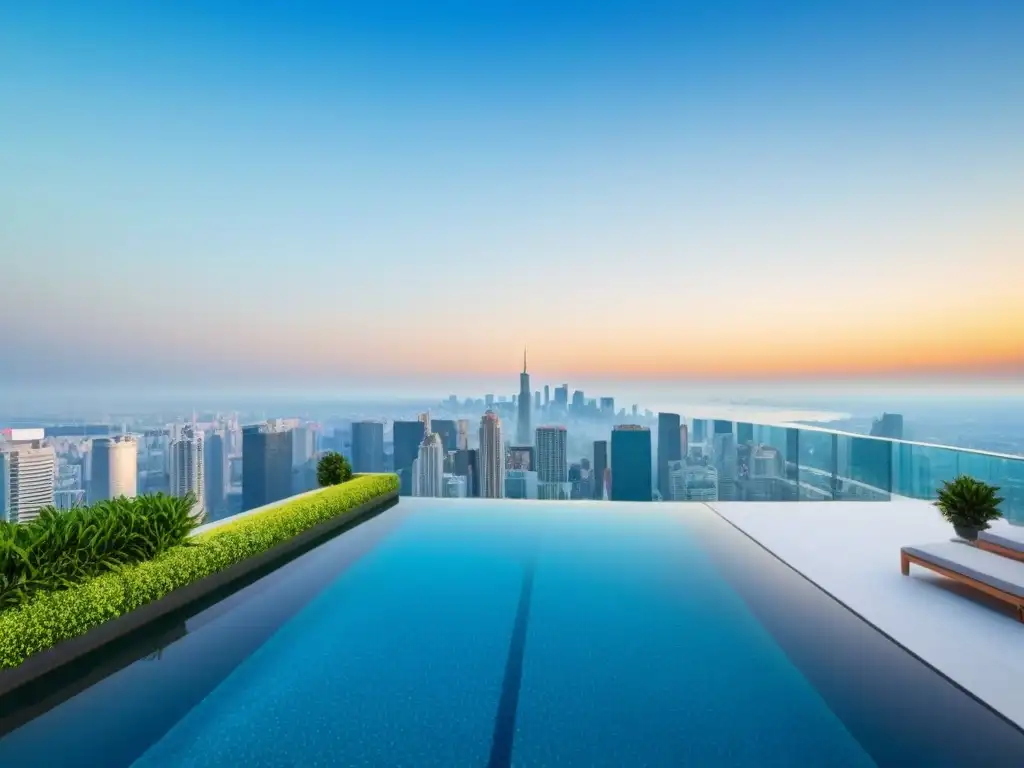 Edificio de lujo con piscina infinita en la azotea y vistas impresionantes Un oasis de lujo con piscina infinita en la azotea, rodeado de vegetación y vista a la ciudad