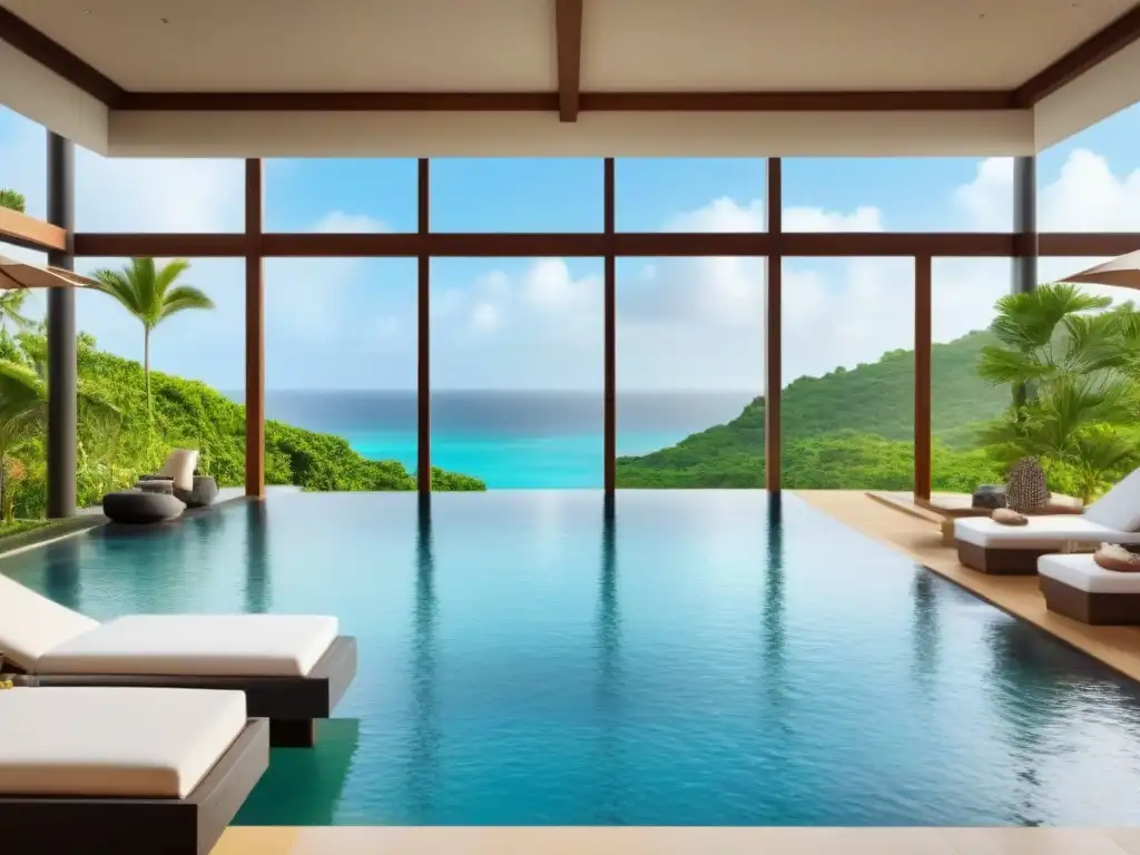 Spa de lujo en resort con piscina infinita y vistas al mar Un oasis de lujo: resort con spa rodeado de exuberante vegetación, piscina infinita y vista al mar