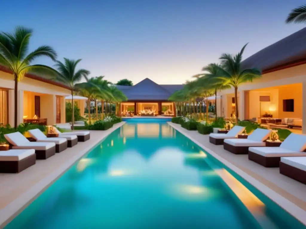 Exclusividad y elegancia en resort de lujo: fiesta junto a la piscina Un oasis de lujo en un resort de tiempo compartido, donde elegantes huéspedes disfrutan de cócteles bajo la brillante iluminación contemporánea