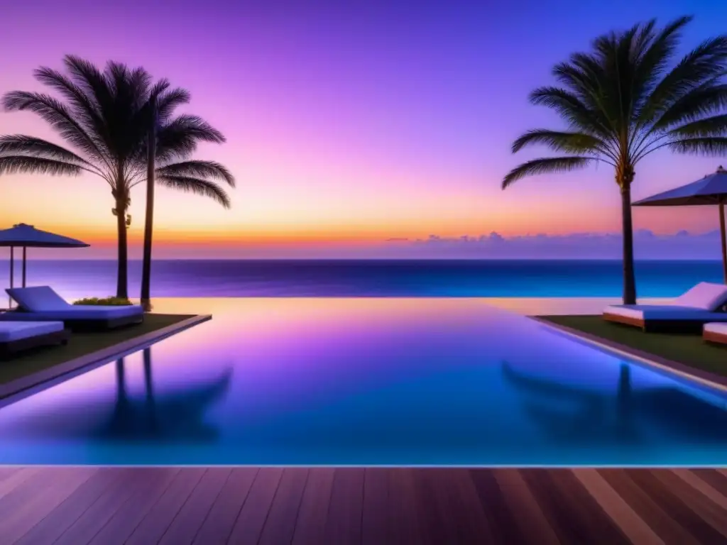 Piscina infinita de lujo al atardecer en paraíso tropical Un oasis de lujo en resorts de tiempo compartido lujo: piscina infinita al atardecer con palmeras y playa tropical al fondo