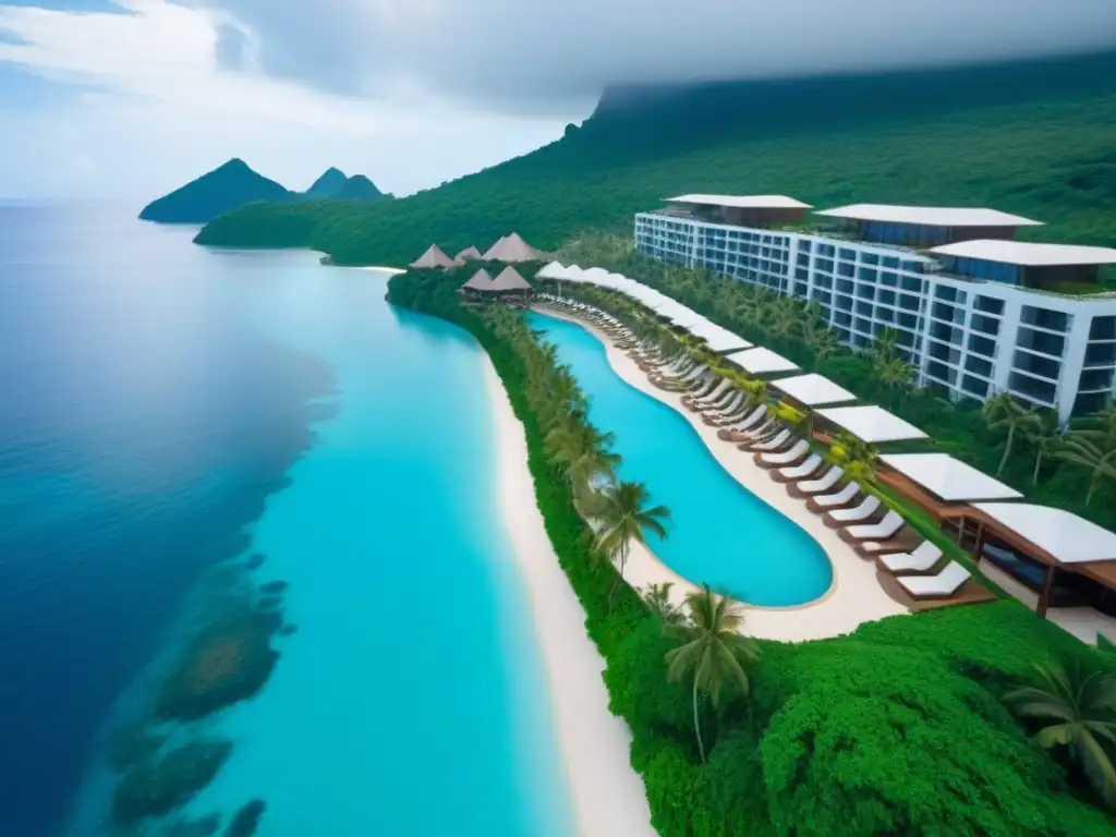 Resort de lujo en paraíso tropical: exclusividad y tranquilidad Un oasis de lujo: Resorts de tiempo compartido de lujo integrados en exuberante vegetación tropical, con aguas turquesas de fondo
