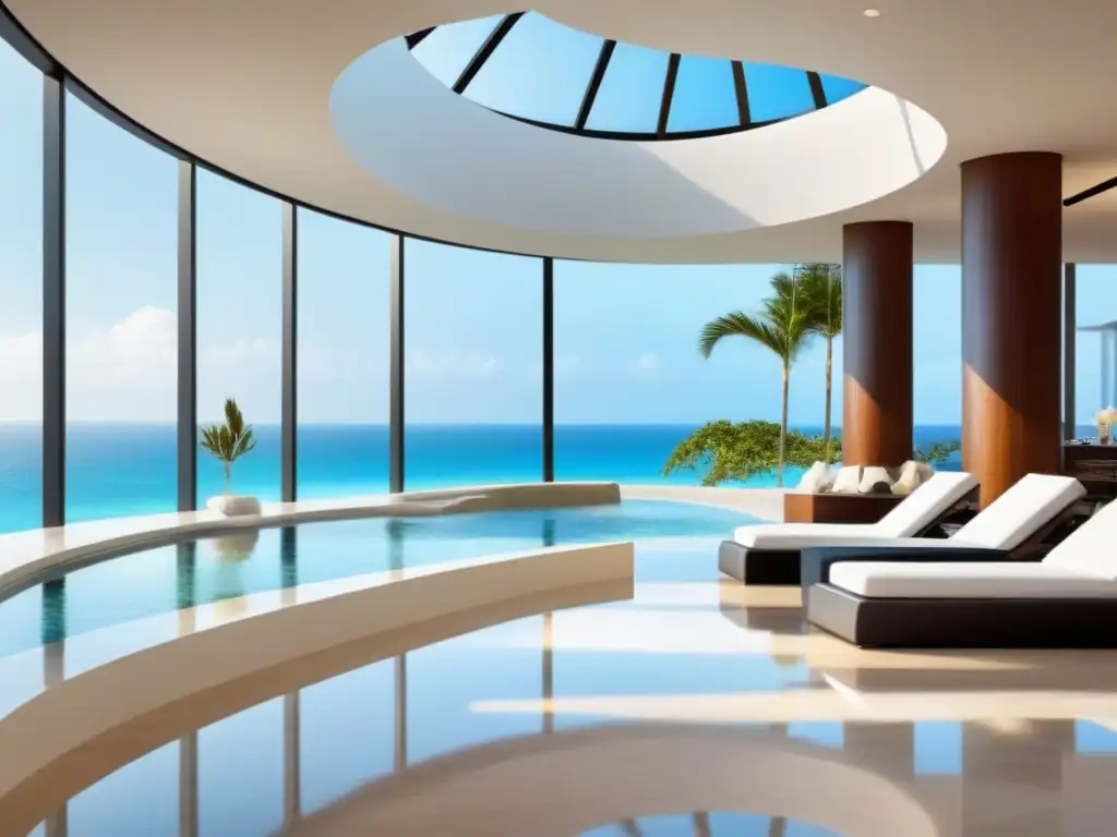 Exclusivo lobby de resort con cascada y vista a la piscina Un oasis de lujo y sofisticación en un lobby de resort moderno con una vista impresionante a una piscina infinita y playa
