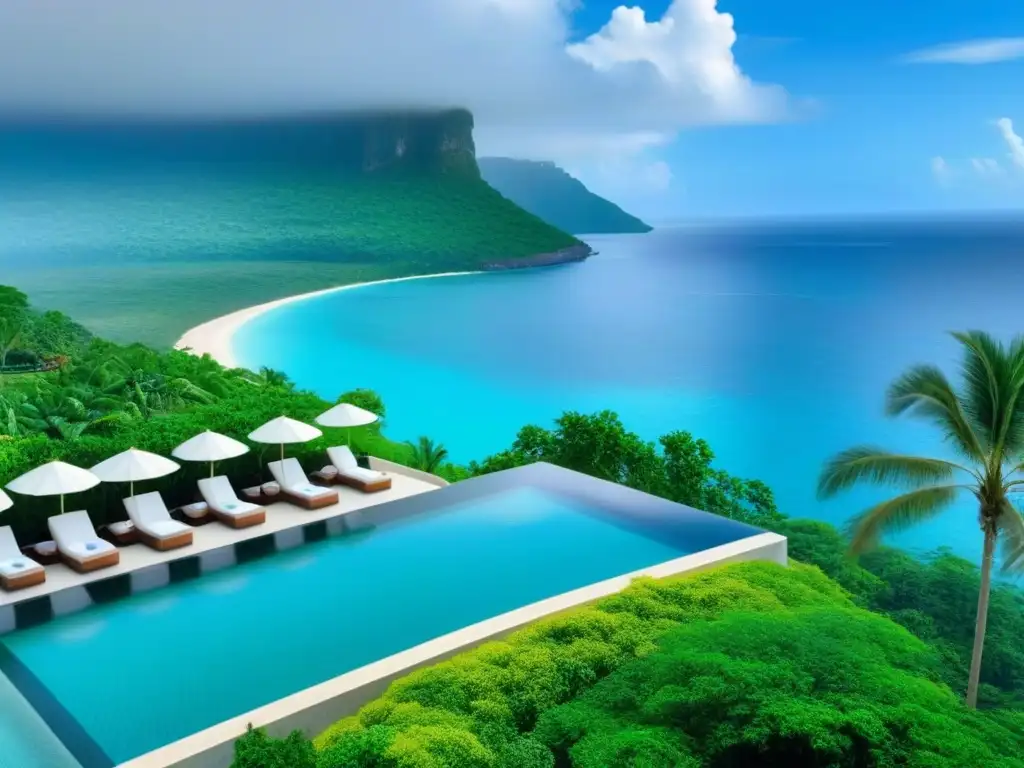 Hotel eco-lujoso: oasis futurista en la naturaleza Un oasis de lujo y sostenibilidad en un complejo hotelero futurista, simbolizando el futuro del turismo de lujo mercado inmobiliario