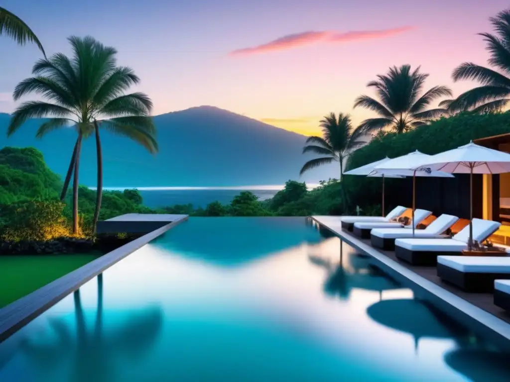 Paraíso tropical: spa de lujo con infinity pool y vistas al mar Un oasis de lujo con spa en entorno tropical: piscina infinita, arquitectura moderna y palmeras