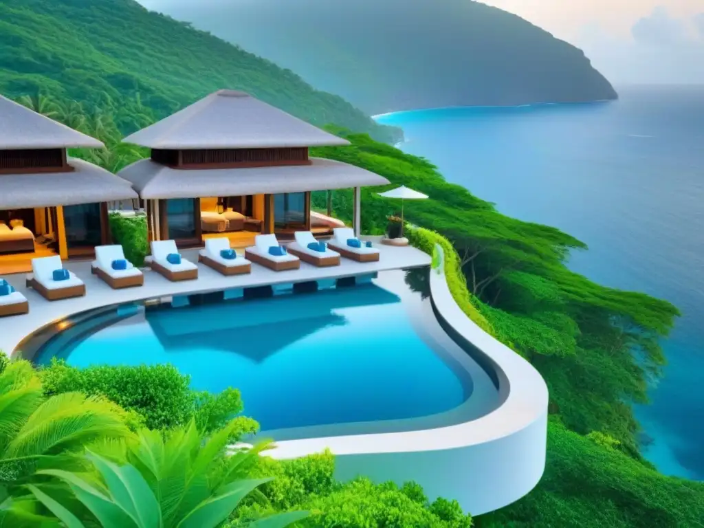 Paraíso de lujo: spa de ensueño en resort entre montañas verdes Un oasis de lujo con spa en un resort entre montañas verdes, piscinas infinitas y vistas al mar