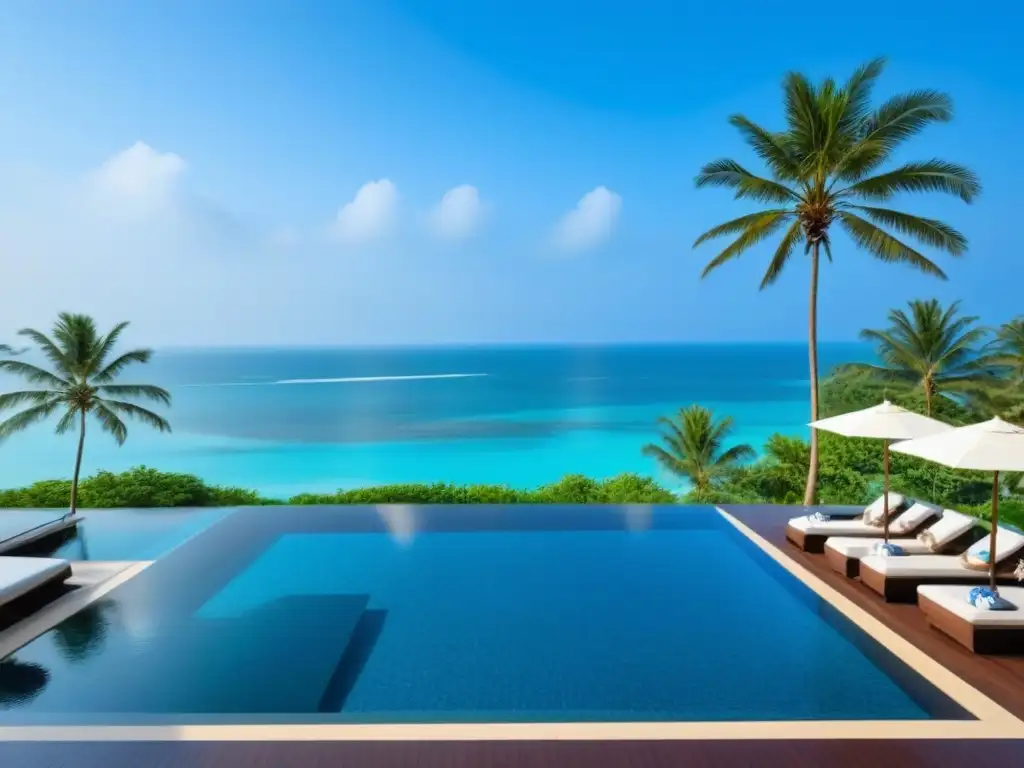 Resort de lujo en Asia: piscina infinita frente al mar Un oasis de lujo en Asia: resort de tiempo compartido con piscina infinita y playa, arquitectura moderna y elegantes zonas de descanso al aire libre