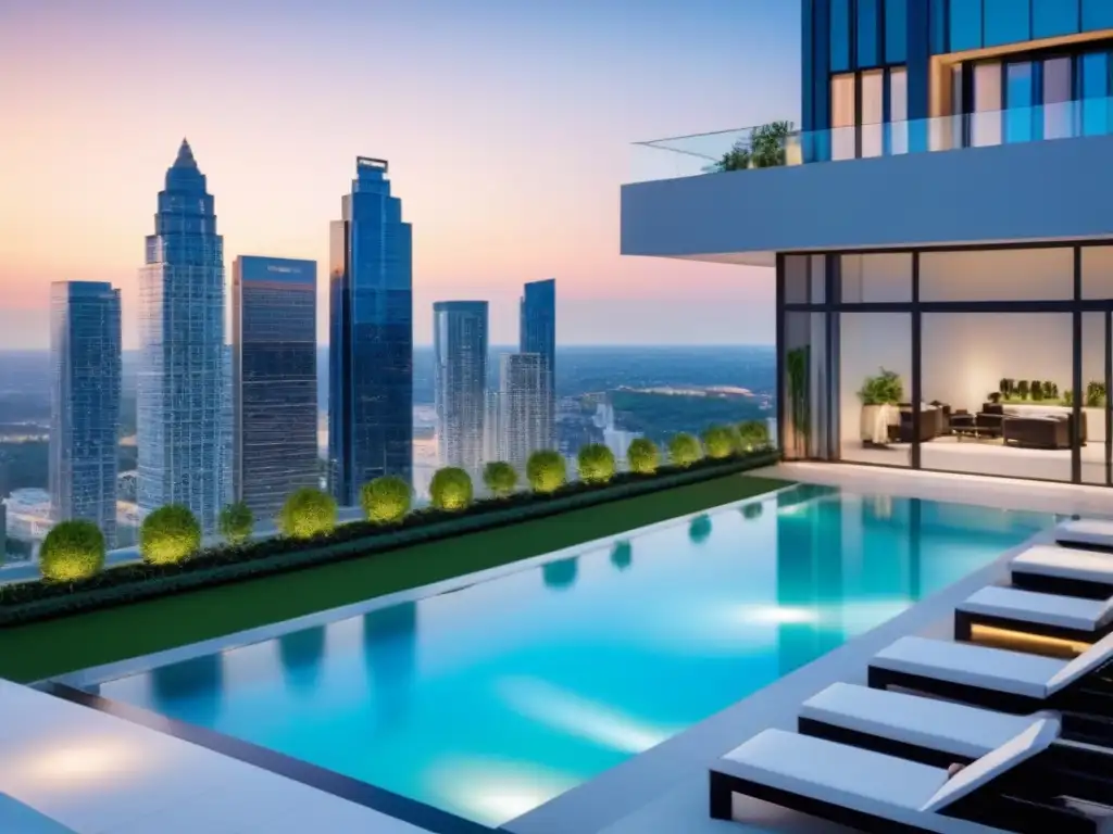 Condominio de lujo: modernidad y sofisticación en la ciudad Un oasis de lujo urbano con diseño arquitectónico moderno, piscina en la azotea y gente disfrutando de las amenidades