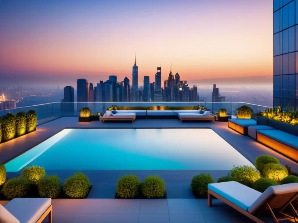 Edificio de lujo con atardecer dorado en metrópolis Un oasis de lujo urbano: edificio moderno con ventanales, terraza con jardín y piscina, en contraste con metrópolis al atardecer