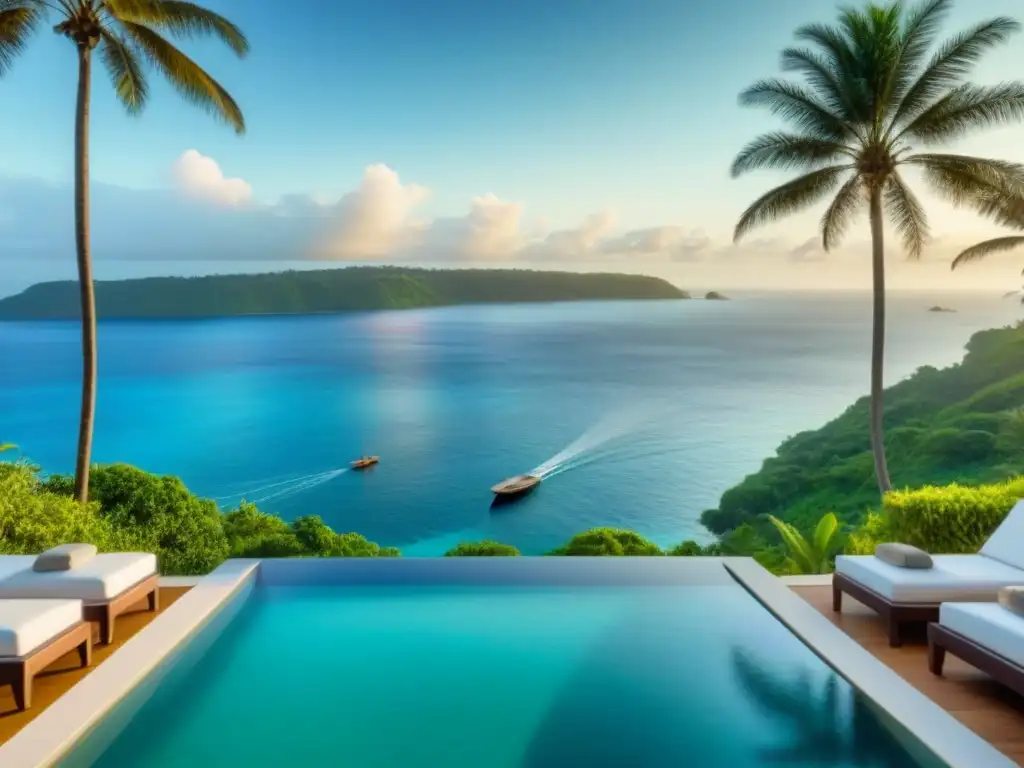 Piscina infinita de lujo con vistas al mar turquesa en atardecer Un oasis de relajación con piscina infinita, mar turquesa, palmeras exuberantes y sillas lounge elegantes