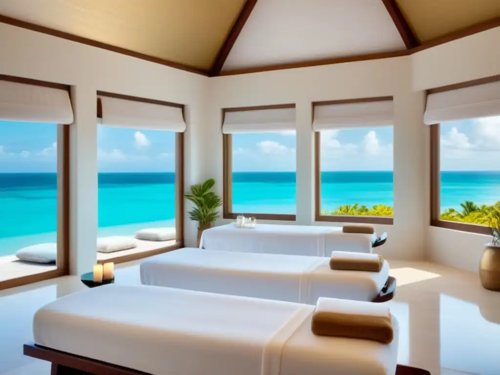 Spa de lujo en isla privada: relajación y elegancia Un oasis de relajación en un spa de lujo en una isla privada, con tonos neutros y toques dorados