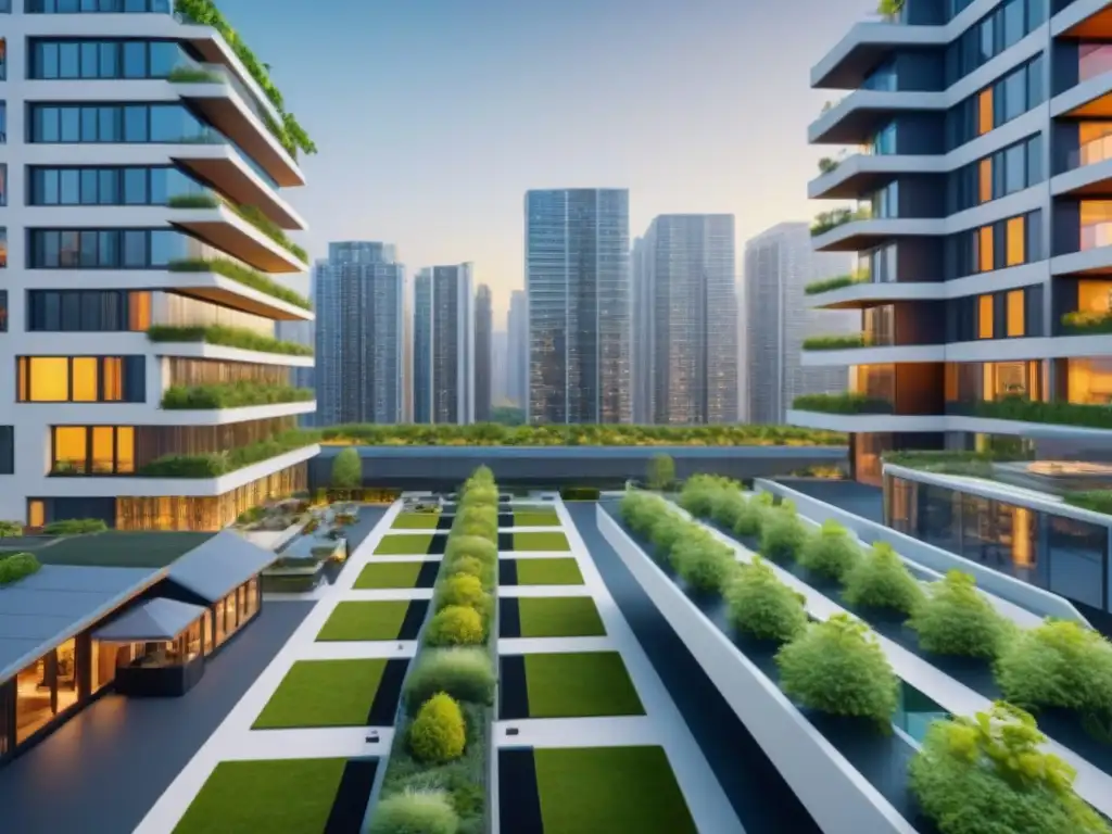 Complejo residencial futurista y sostenible en metrópoli norteamericana Un oasis sostenible en un complejo residencial futurista en un área metropolitana norteamericana
