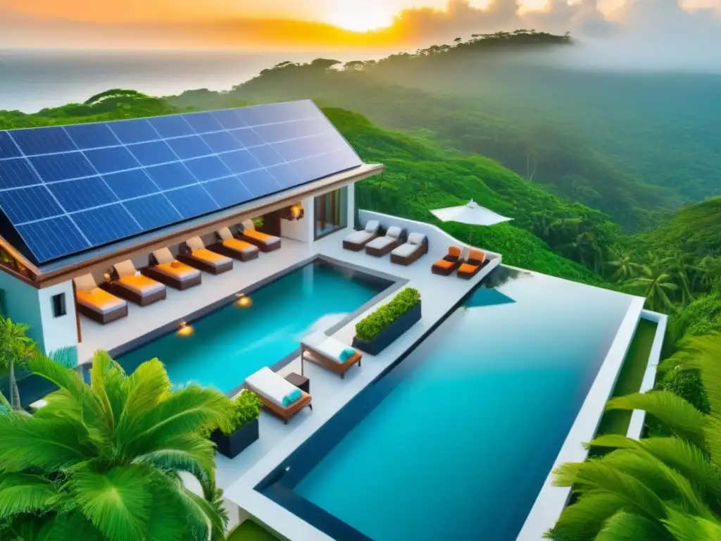 Resort ecofriendly de lujo en paraíso tropical Un oasis sostenible de lujo en la naturaleza con paneles solares y turbinas eólicas
