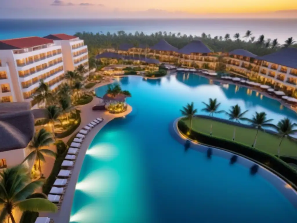 Resort de lujo al atardecer: exclusividad y tranquilidad frente al mar Un oasis de tranquilidad y exclusividad en un complejo de lujo al atardecer