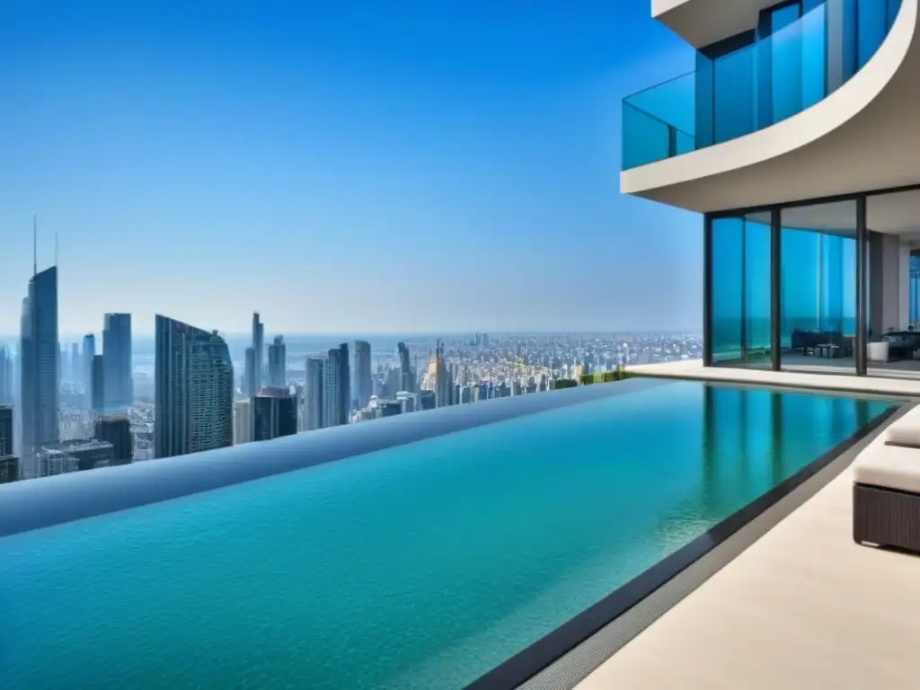 Esplendor urbano: lujoso rascacielos con piscina infinita y elegante diseño Un oasis de sofisticación urbana: edificio de apartamentos de superlujo con diseño moderno y lujosas amenidades