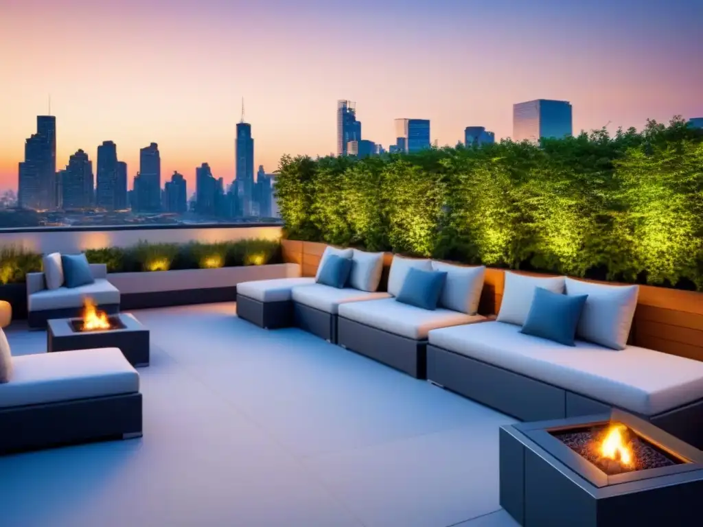 Terraza moderna con vista panorámica y ambiente comunitario Un oasis urbano en la azotea con áreas comunes para propiedades multifamiliares