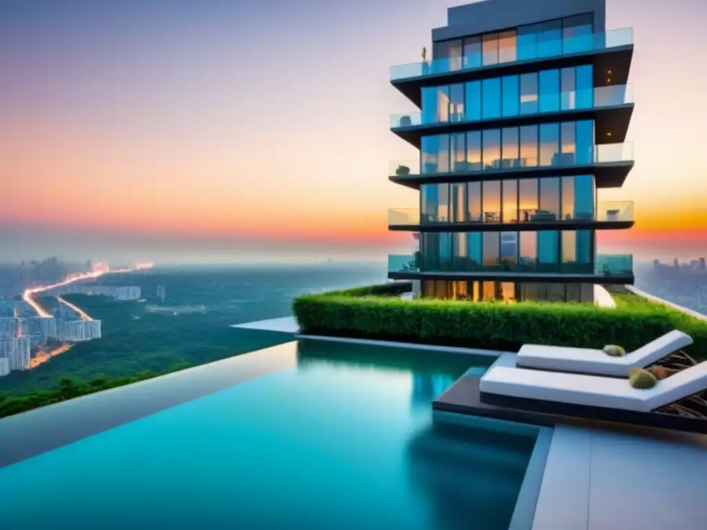 Condominio de lujo con piscina infinita en la azotea al atardecer Un oasis urbano exclusivo con piscina infinita en la azotea, rodeado de moderna arquitectura y vegetación exuberante al atardecer