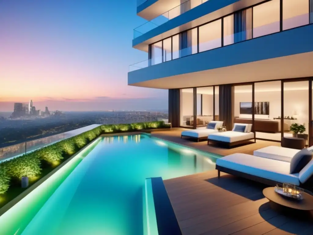 Condominio de lujo: modernidad y sofisticación urbana en 3D Un oasis urbano de diseño 3D experiencias inmersivas: lujoso complejo de apartamentos al anochecer, rodeado de vegetación exuberante