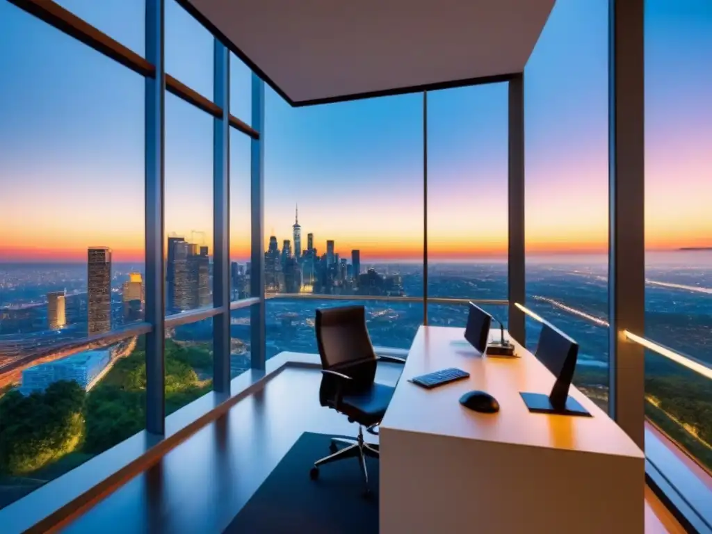 Edificio de oficinas de diseño innovador en la ciudad al atardecer Un oasis urbano de lujo con diseño arquitectónico innovador, reflejando la ciudad al anochecer