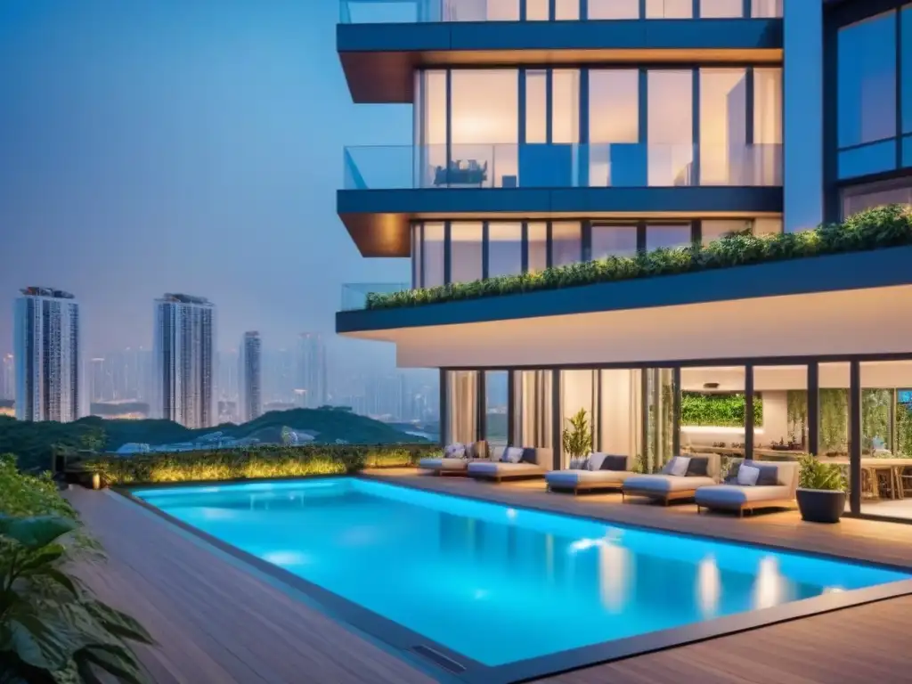 Coliving de lujo en la ciudad: modernidad y comunidad Un oasis urbano de lujo en el corazón de una ciudad moderna en Asia, reflejando la tendencia coliving mercado inmobiliario Asia