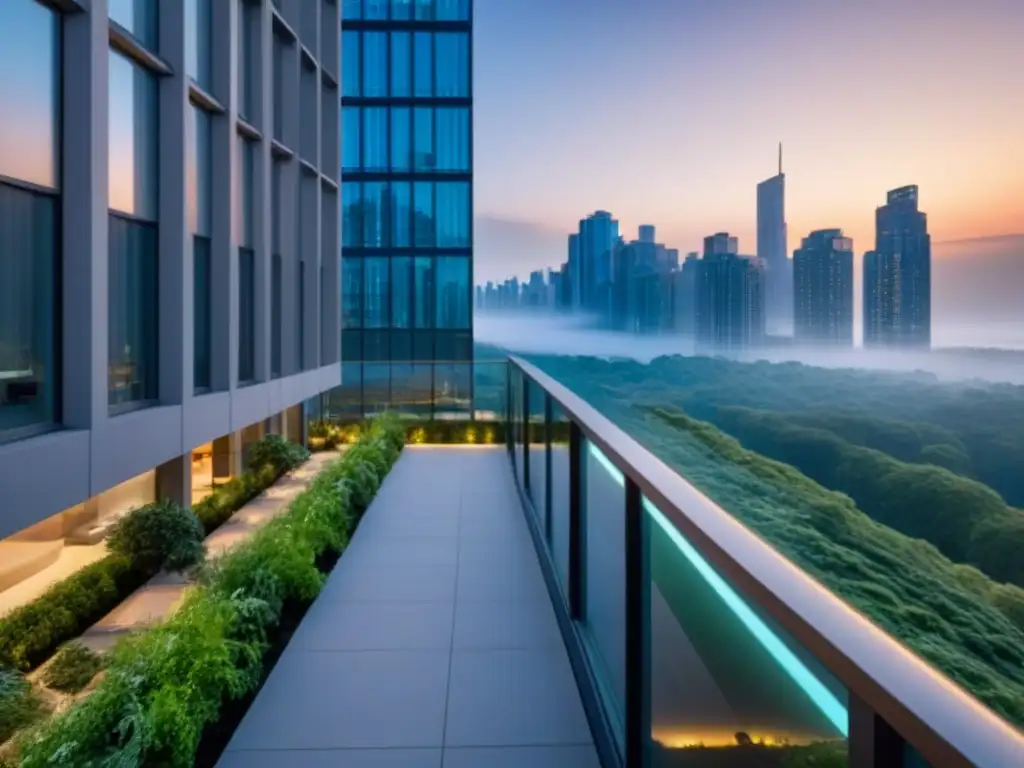 Edificio de lujo con vistas urbanas y oasis verde en atardecer Un oasis urbano de lujo con moderna arquitectura y vistas impresionantes del atardecer en la ciudad