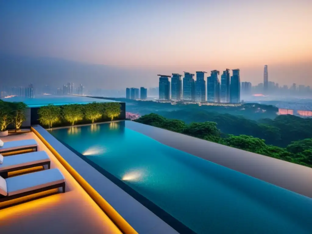 Deslumbrante desarrollo inmobiliario de lujo en ciudad asiática Un oasis urbano de lujo en Asia: moderna arquitectura, jardines exuberantes y piscina infinita