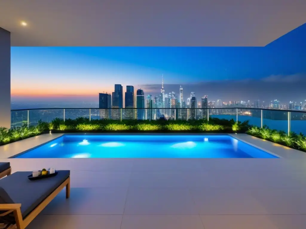 Rascacielos de lujo con piscina en la azotea y vista nocturna de la ciudad Un oasis urbano de lujo con piscina, rodeado de modernidad y naturaleza