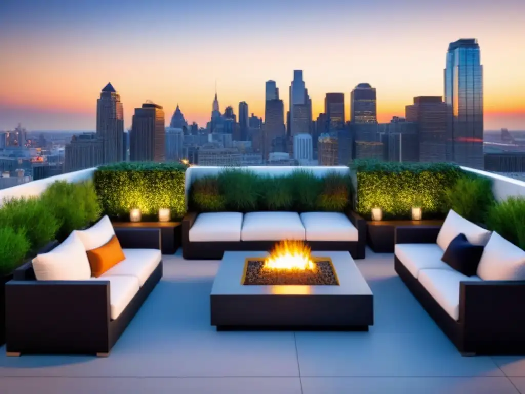 Jardín de lujo en azotea con vista a la ciudad Un oasis urbano de lujo con vistas a la ciudad, lounge al aire libre, vegetación exuberante y modernas fogatas al atardecer