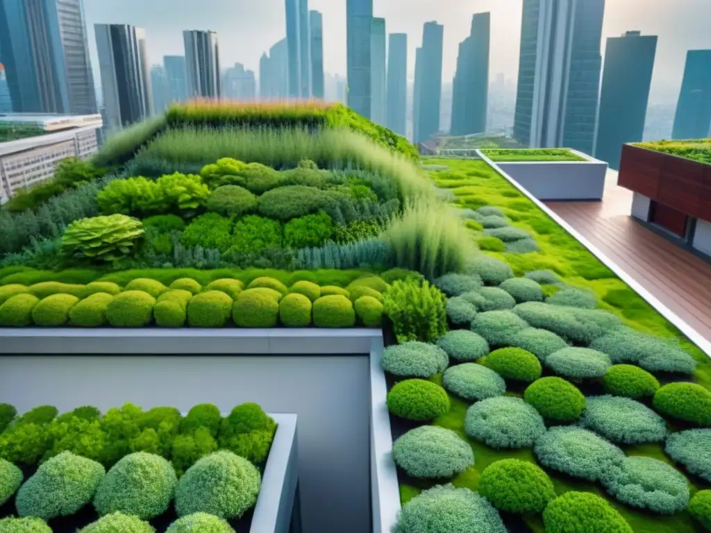 Jardines en Techos: Contraste Urbano-Natural Un oasis urbano: techos verdes para inversores internacionales en una ciudad moderna repleta de rascacielos