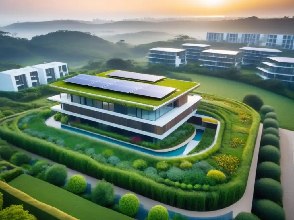 Complejo residencial ecológico: armonía urbana y sostenibilidad Un oasis urbano con techos verdes y paneles solares, en armonía con la naturaleza