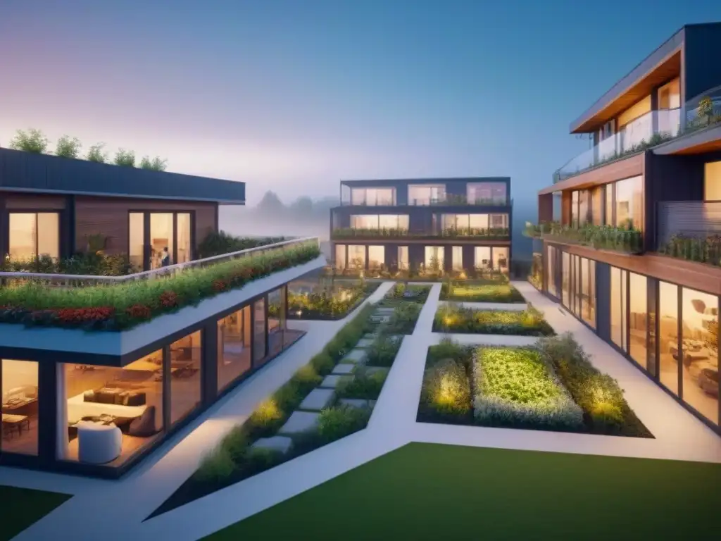 Comunidad eco-sostenible: diseño moderno y vibrante Un oasis urbano en tendencia: comunidad cohousing con jardines sostenibles y espacios comunes luminosos