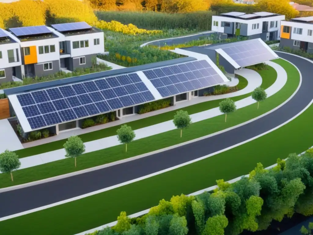 Barrio sostenible: armonía y modernidad en viviendas asequibles Un oasis urbano de vivienda asequible sostenible: townhouses ecofriendly, paneles solares, jardines y ciclovías