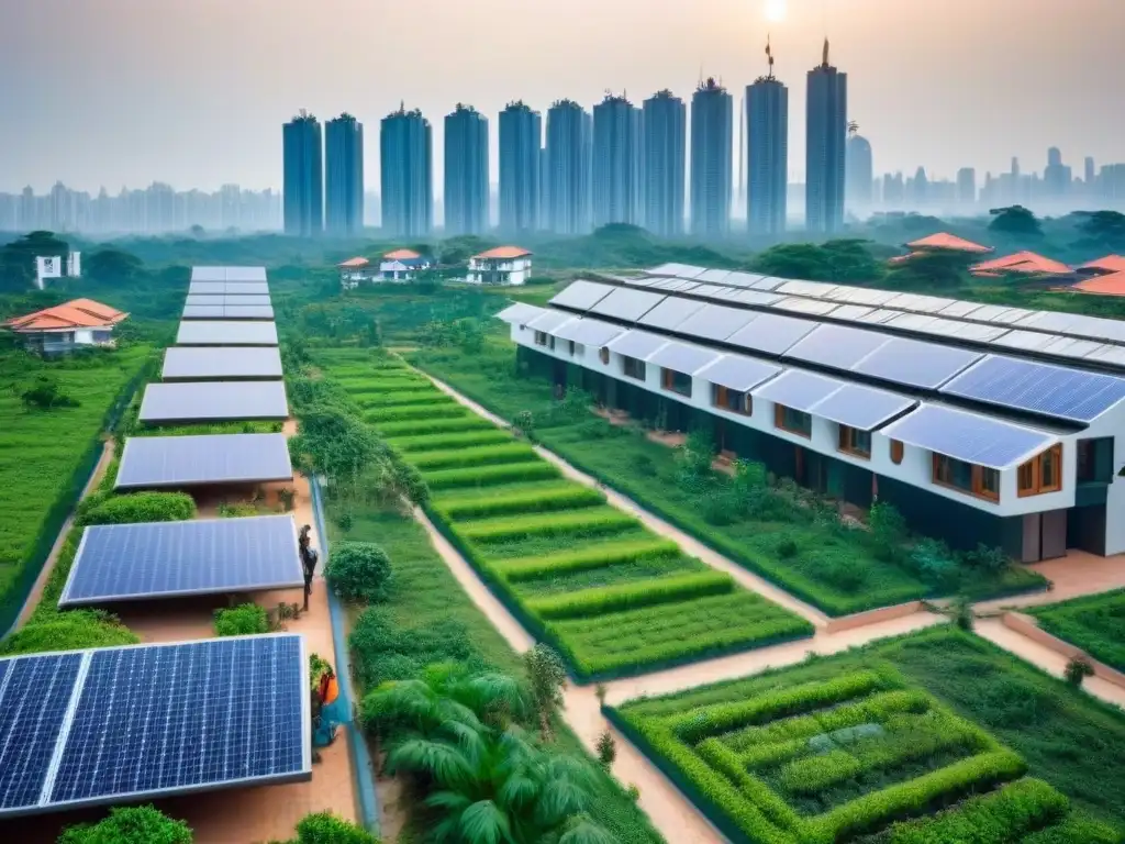 Complejo ecoamigable futurista en ciudad emergente: ¡sostenibilidad urbana! Un oasis urbano: Viviendas autosuficientes en mercados emergentes con diseño ecológico y naturaleza exuberante