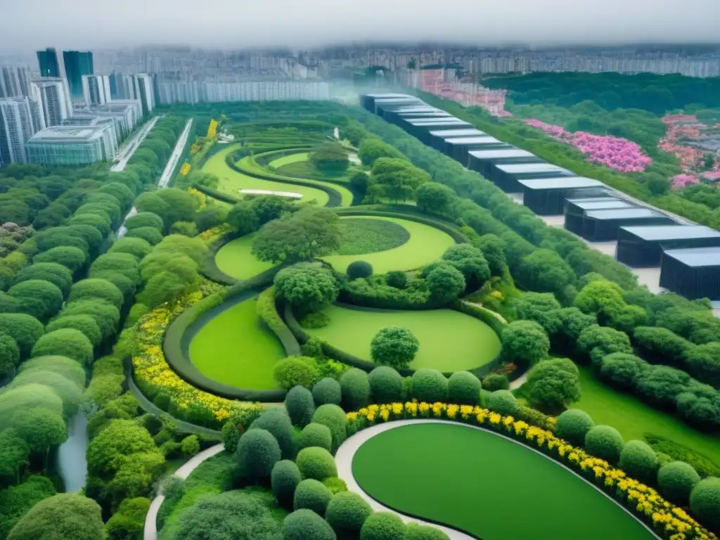 Urbanismo verde: parque integrado en la ciudad moderna Un oasis verde en una ciudad moderna, donde se integran naturaleza y arquitectura