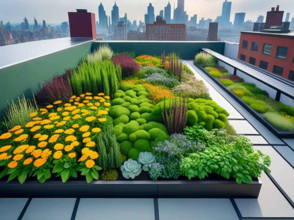 Jardín urbano vibrante: oasis verde en la ciudad Un oasis verde urbano vibrante con diseños geométricos, beneficios techos verdes urbanos