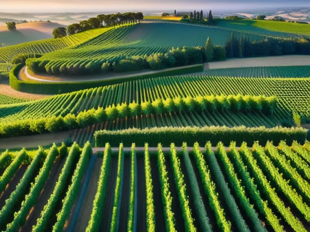 Viñedos dorados al atardecer: belleza y tradición en la industria vinícola Un ocaso dorado sobre viñedos interminables, bodega lujosa en el centro