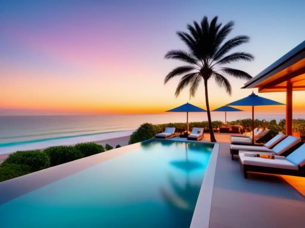 Atardecer de lujo en resort frente al mar con palmeras y piscina Ocaso en lujoso resort frente al mar, palmeras meciéndose, piscina reluciente, vacacionistas disfrutando cócteles en terraza elegante