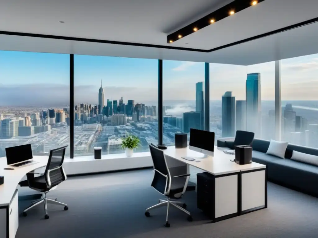 Oficina inmobiliaria de lujo en América del Norte: 8k ultradetallada Oficina de agencia inmobiliaria en Norteamérica con diseño moderno y elegante, muebles minimalistas y tecnología de punta