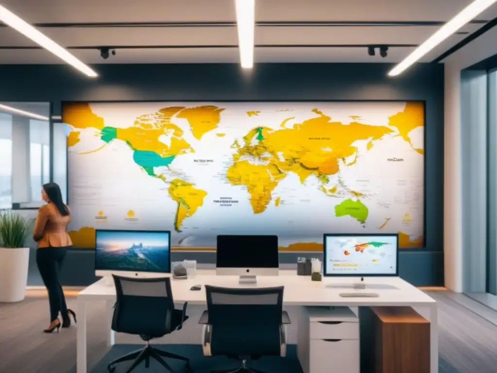 Oficina inmobiliaria moderna en América del Norte: innovación y eficiencia Oficina de agencia inmobiliaria moderna en Norteamérica con agentes y clientes