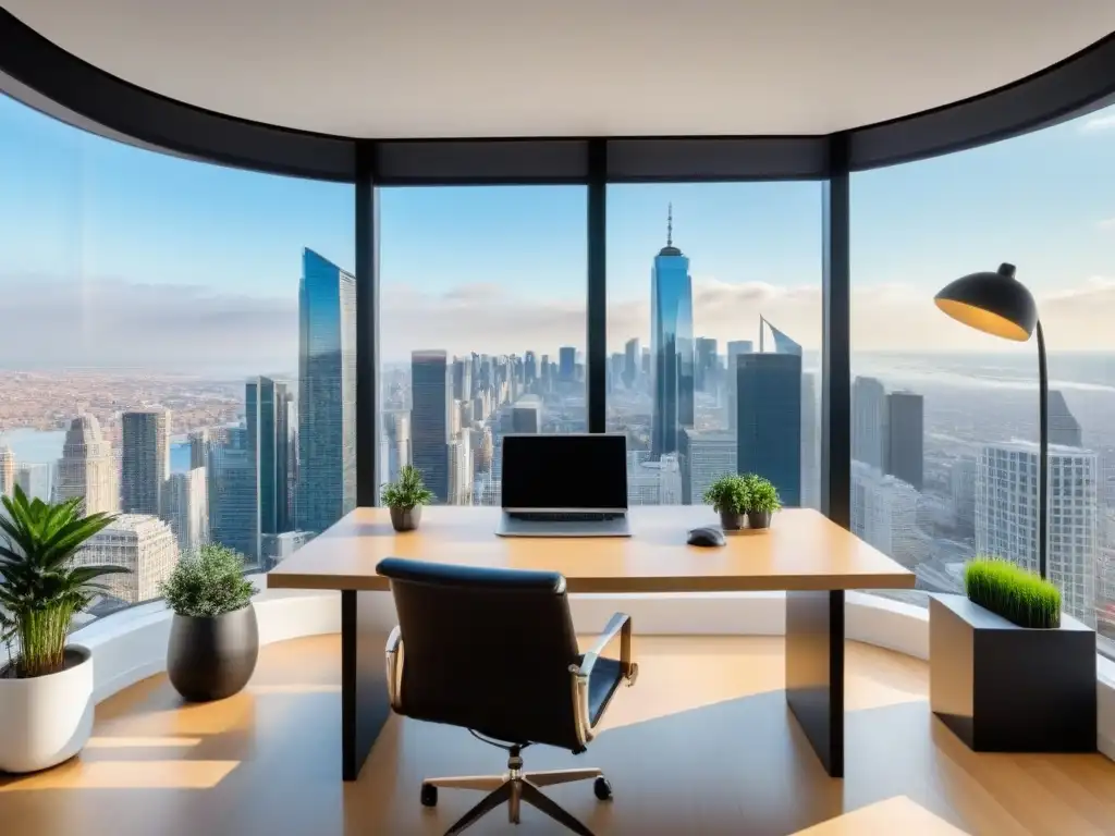 Oficina de agente inmobiliario moderna con vista urbana Oficina de agente inmobiliario con vista panorámica a la ciudad