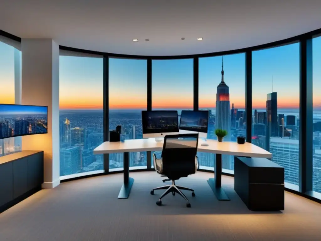 Oficina de administración inmobiliaria global: eficiencia y profesionalismo Oficina de gestión de alquileres internacionales con vista panorámica de la ciudad y diseño minimalista
