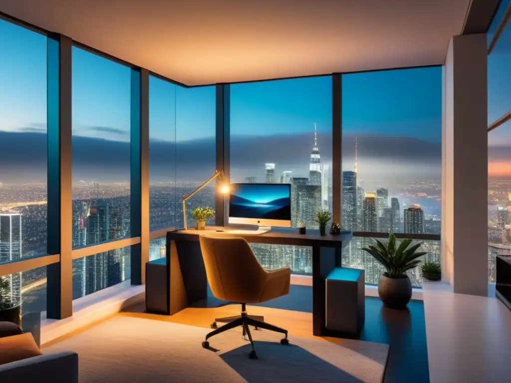 Oficina en casa moderna con vista nocturna de ciudad para Inversión global Crowdfunding inmobiliario