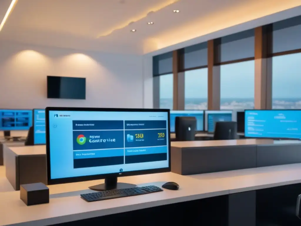 Centro de atención al cliente 8k: eficiencia y tecnología Una oficina de atención al cliente moderna y eficiente con agentes atendiendo a clientes vía teléfono, chat y email