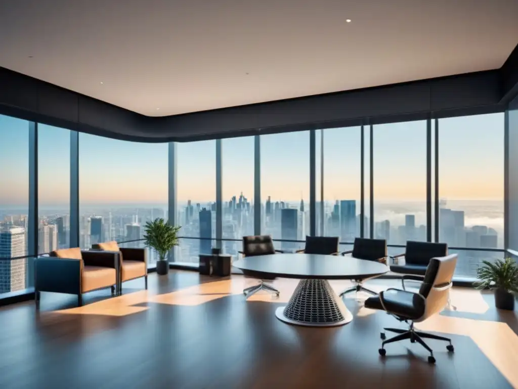 Oficina comercial de lujo: profesionalismo e innovación Oficina comercial moderna con vista panorámica y equipo de profesionales discutiendo planes inmobiliarios