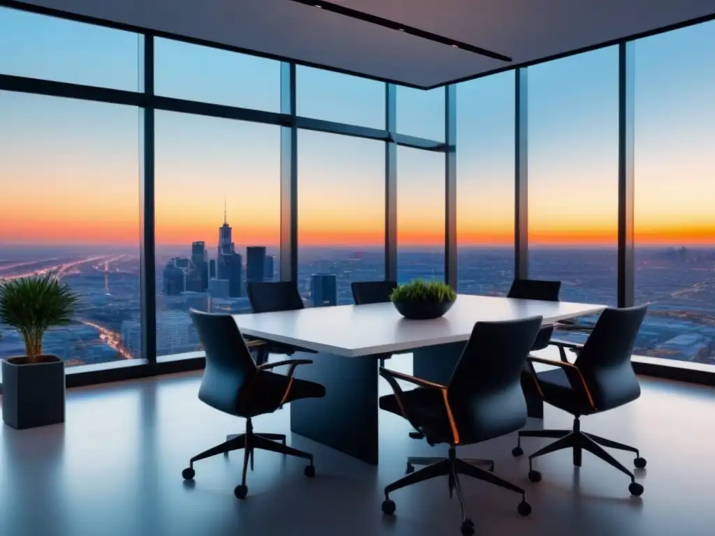 Oficina contemporánea de lujo con vista panorámica al atardecer Oficina contemporánea con vista panorámica al atardecer